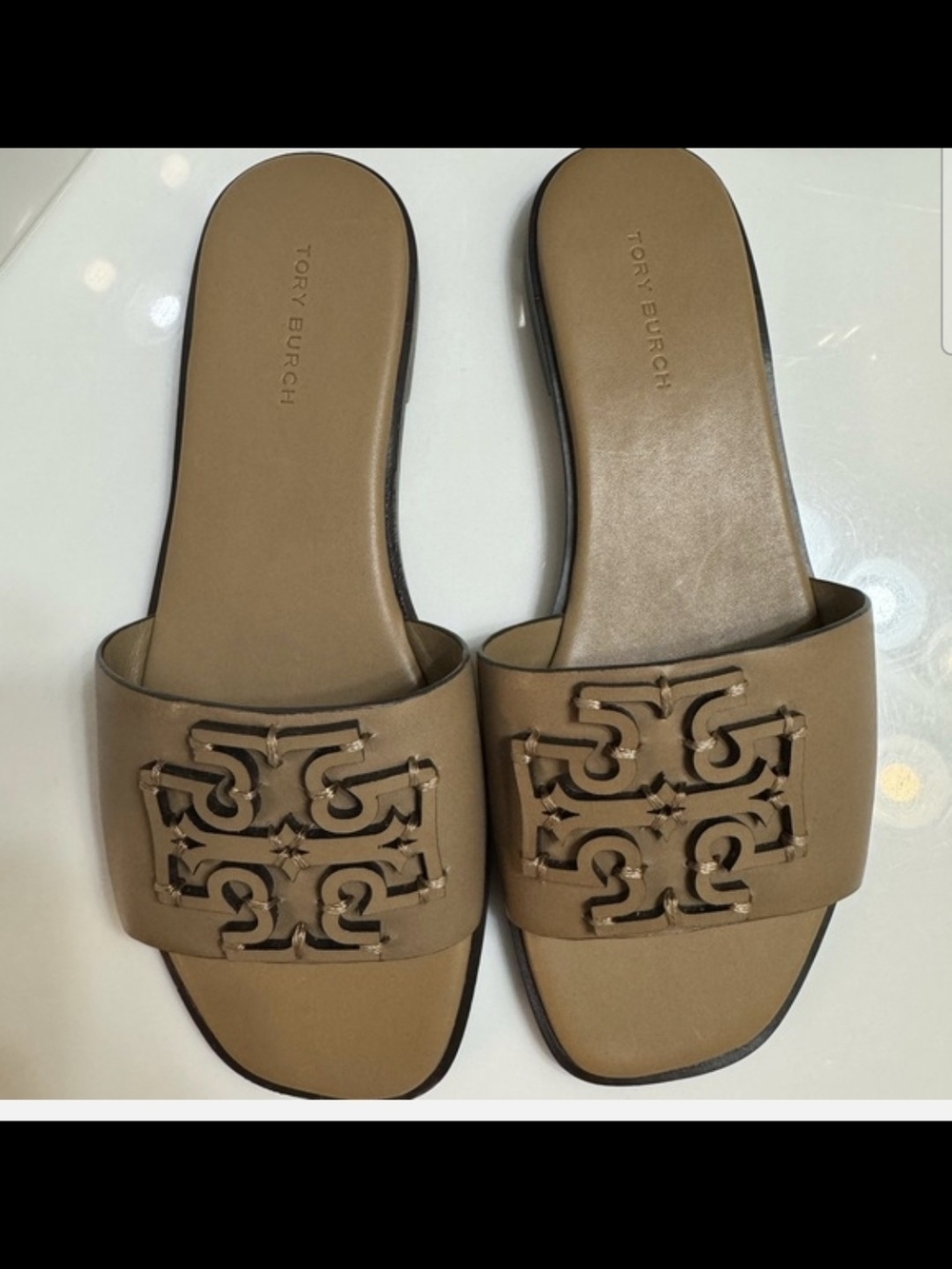 Tory Burch Tan Logo Slide Sandals